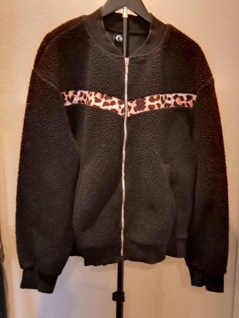 Zyia Active Black Sherpa Bomber Jacket with Leopard Trim Women's Size XXL